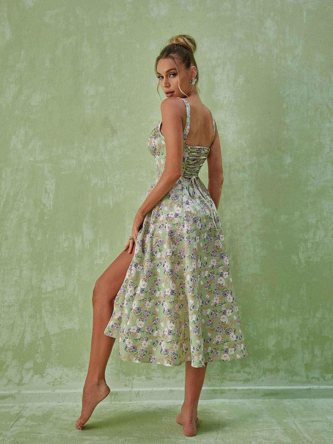 Maire Floral Split Midi Dress In Green - Mew Mews Fashion