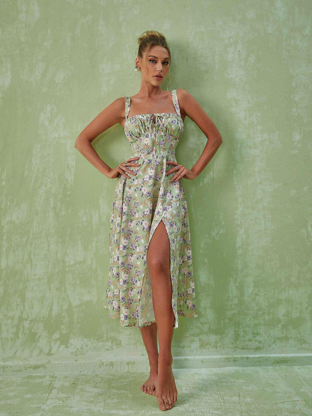 Maire Floral Split Midi Dress In Green - Mew Mews Fashion