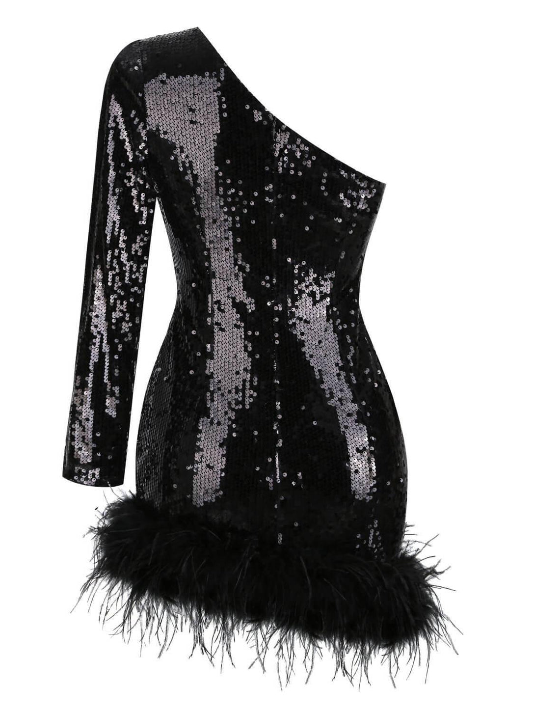 Romy One Shoulder Sequin Feather Mini Dress - Mew Mews Fashion