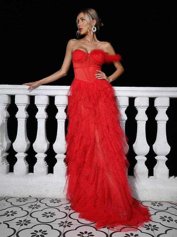 Titania One Shoulder Tulle Maxi Dress In Red - Mew Mews Fashion